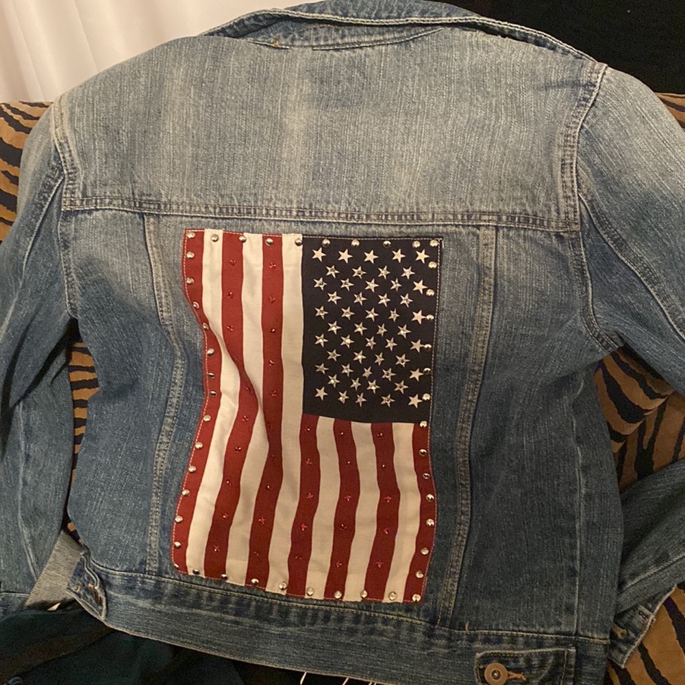 BoHo distressed Denim studded USA Jacket ......Patriotic